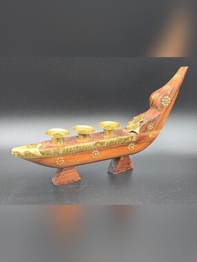 Vintage Kerala Snake Boat Rosewood & Brass Candle Holder - Home Accents